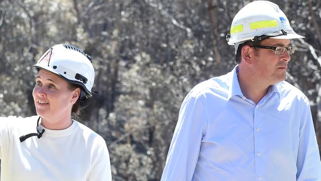 Mr Andrews and Ms Garrett tour fire-devastated Wye River in December. Picture: Jason Sammon