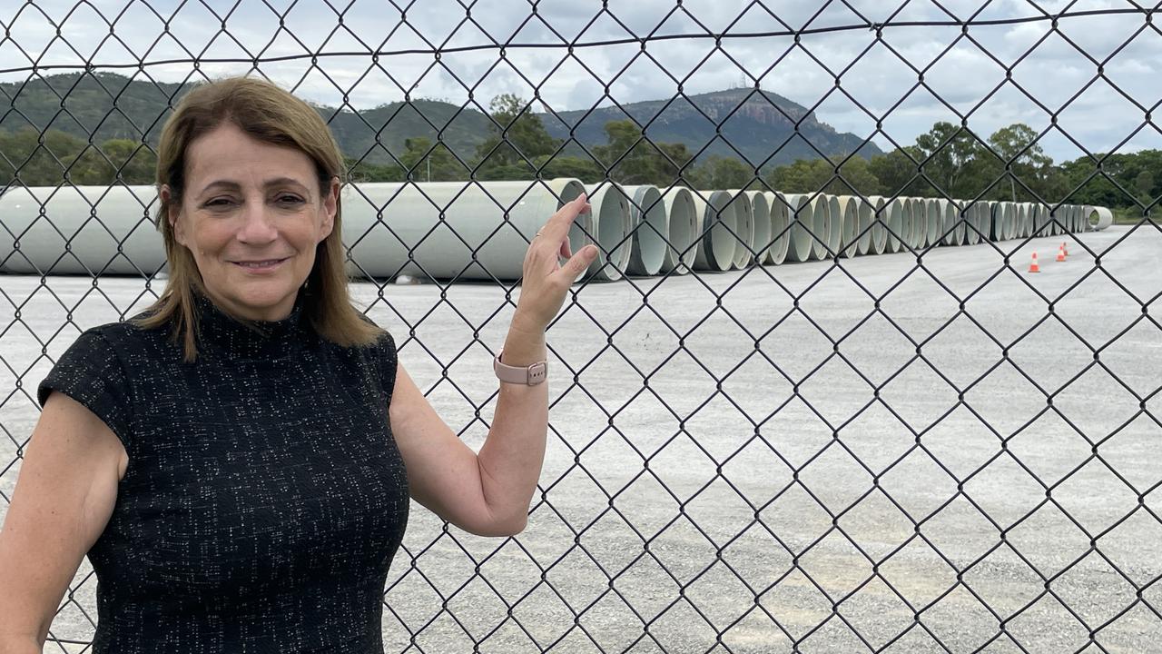 Townsville mayor Jenny Hill shows off the pipes for Stage two of the Haughton Pipeline Project . Picture: Leighton Smith.