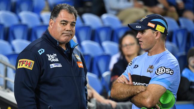 Luke Burt (right) with Mal Meninga at Robina. Picture: AAP Image/Dave Hunt