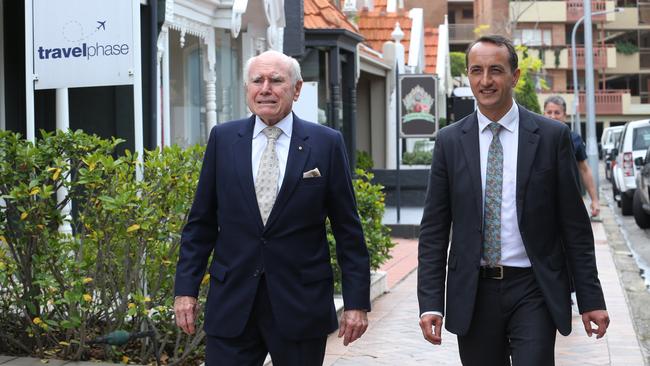 Dave Sharma with John Howard in Double bay yesterday. Picture: Britta Campion.