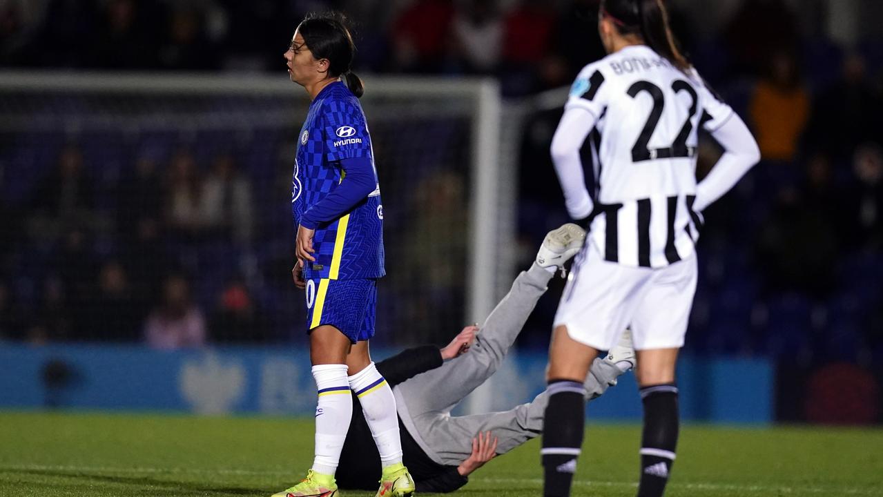 A pitch invader is grounded courtesy of Chelsea's Sam Kerr (Photo by John Walton/PA Images via Getty Images)