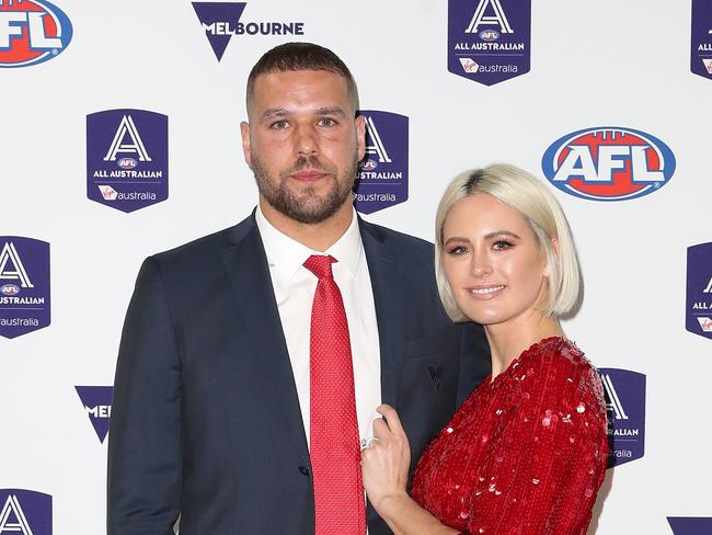 MELBOURNE, AUSTRALIA - AUGUST 29:  Lance Franklin of the Swans and Jesinta Franklin arrive during the 2018 AFL All-Australia Awards at the Palais Theatre on August 29, 2018 in Melbourne, Australia.  (Photo by Scott Barbour/Getty Images)