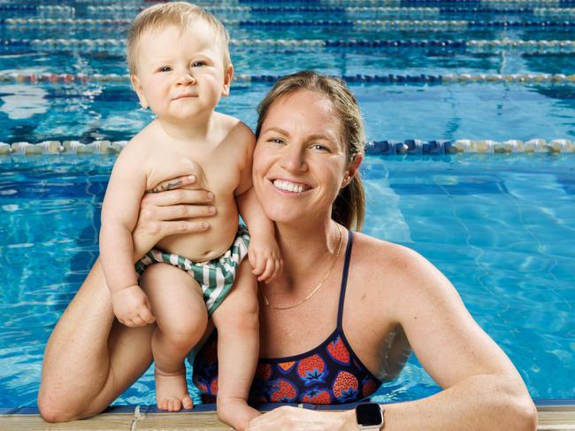 Olympic swimming champion Emily Seebohm with son Sampson at Centenary Pool in Spring Hill. Picture: Lachie Millard