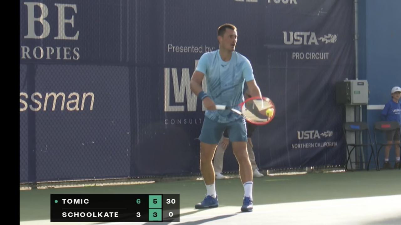 Gold Coast tennis star Bernard Tomic on his way to beating fellow Australian Tristan Schoolkate at the Fairfield Challenger semi-final in the US on October 13, 2024. Picture: Challenger TV