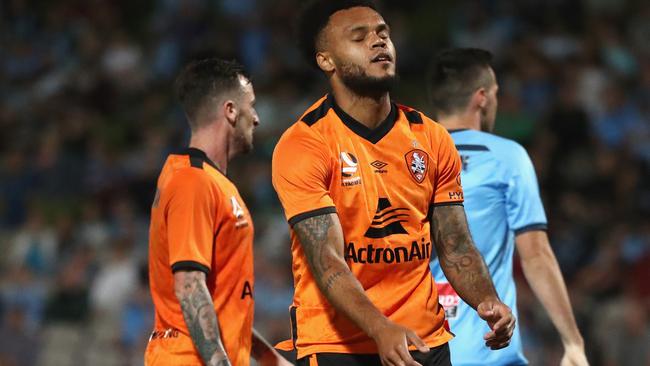 Aaron Amadi-Holloway of the Roar reacts during the Round 9 A-League match between Sydney FC and Brisbane Roar at Netstrata Jubilee Stadium in Sydney, Saturday, December 7, 2019. (AAP Image/Jeremy Ng) NO ARCHIVING, EDITORIAL USE ONLY