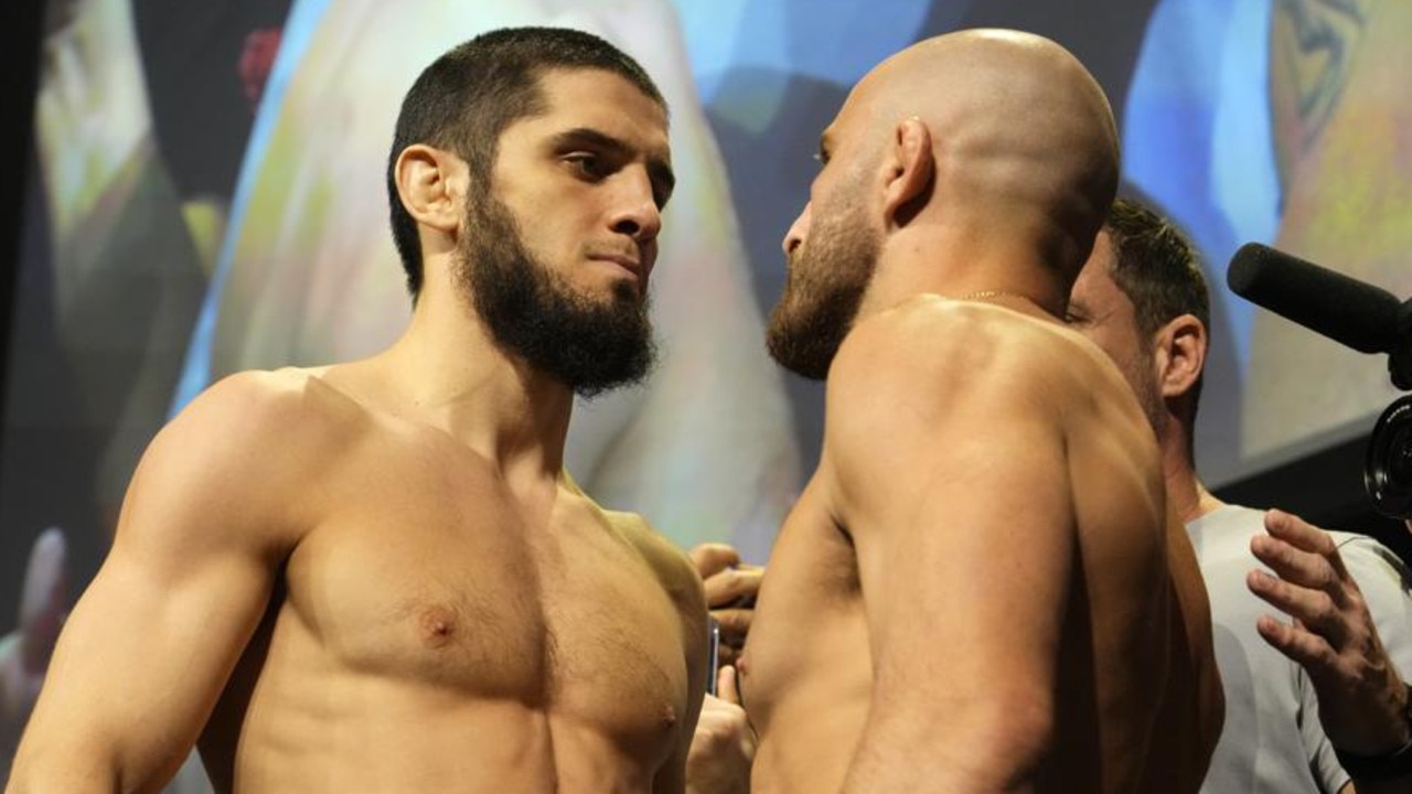 PERTH, AUSTRALIA - FEBRUARY 11: (L-R) Opponents Islam Makhachev of Russia and Alexander Volkanovski of Australia face off during the UFC 284 ceremonial weigh-in at RAC Arena on February 11, 2023 in Perth, Australia. (Photo by Mike Roach/Zuffa LLC via Getty Images)