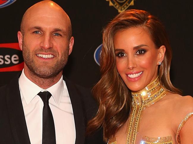 MELBOURNE, AUSTRALIA - SEPTEMBER 28: Chris Judd of the Blues and Rebecca Judd arrive at the 2015 Brownlow Medal at Crown Palladium on September 28, 2015 in Melbourne, Australia. (Photo by Quinn Rooney/Getty Images)