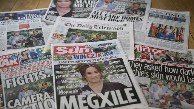 A selection of British newspaper publications in response to the Meghan and Harry tell-all. Picture: Chris Jackson/Getty Images