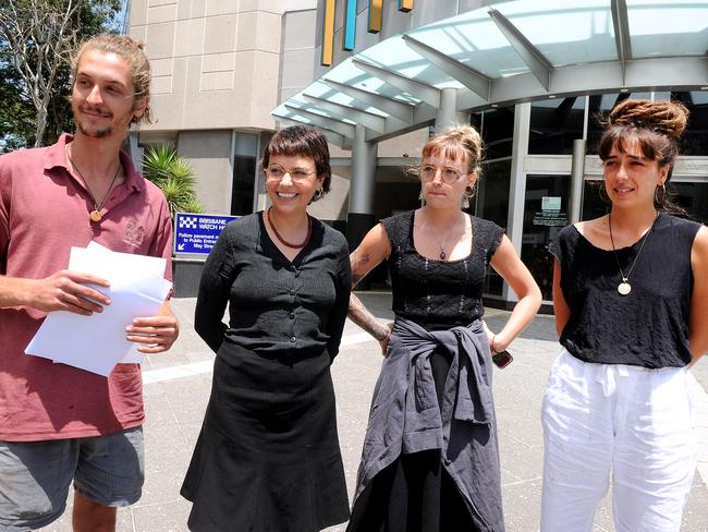 Protesters Alex Burelli, Machaela Stonehouse, Laura Joao and Lily Smith outside court yesterday. Picture: John Gass/AAP