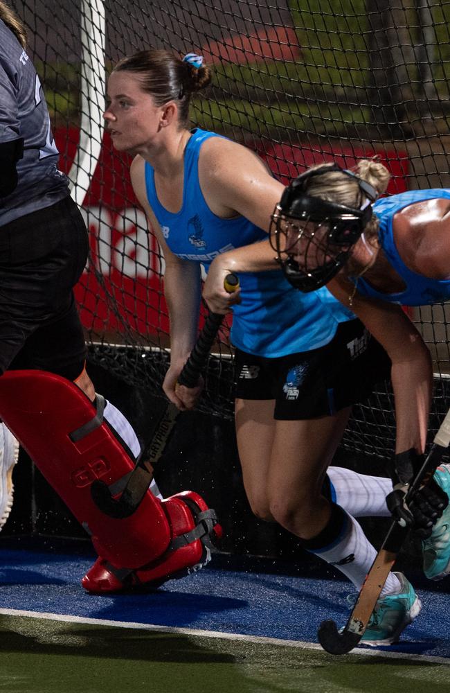 Macenzee Dixon (centre) defending her team’s goal during a penalty corner. Picture: Pema Tamang Pakhrin.