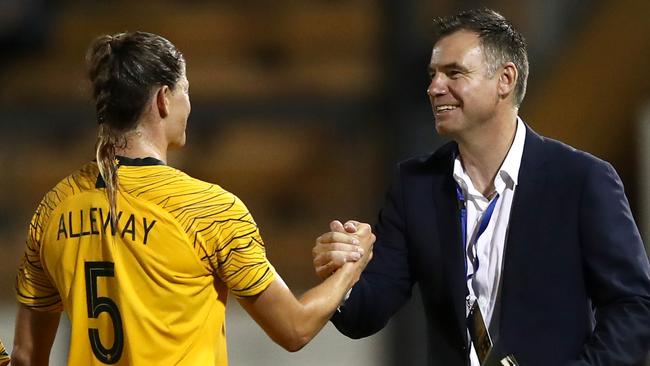 Matildas coach Ante Milicic congratulates defender Laura Alleway after the win over New Zealand. Picture: Getty Images