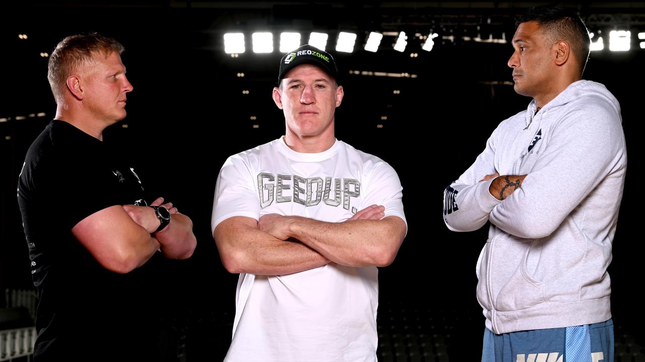 Ben Hannant, Paul Gallen and Justin Hodges promote their fight night. Picture: Bradley Kanaris/Getty Images