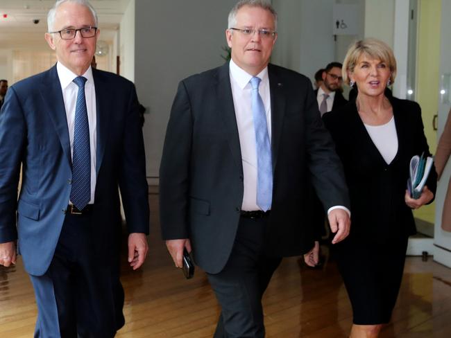 Scott Morrison, centre, and Julie Bishop have thrown their hats into the ring for the leadership. Picture: Ray Strange.