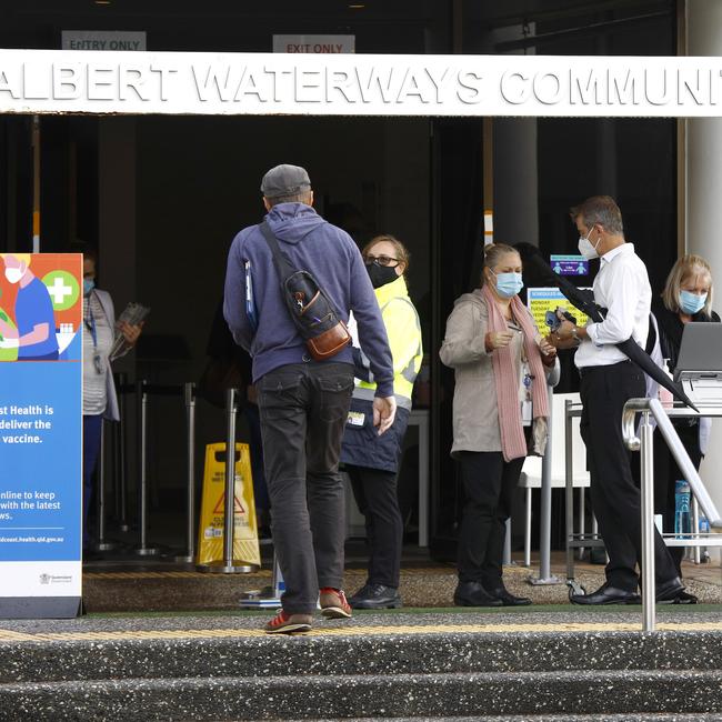 Day 2 in lockdown. Members of the public line up to get tested for Covid at the Albert Waterways Community centre. Picture: Tertius Pickard
