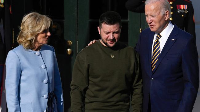 US President Joe Biden and First Lady Jill Biden welcome Ukraine’s President Volodymyr Zelenskyy on the South Lawn of the White House. Picture: AFP