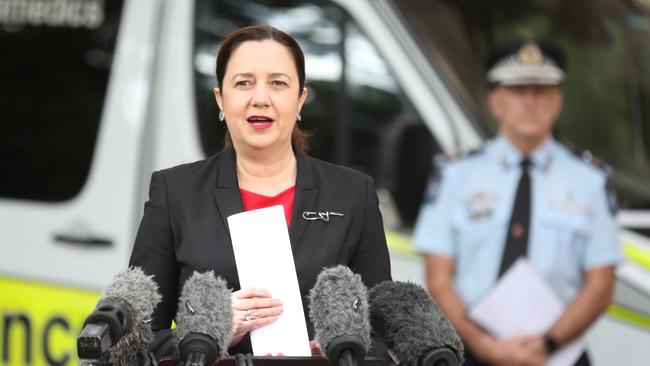 Premier Annastacia Palaszczuk addresses the media on new coronavirus cases. Picture: Annette Dew