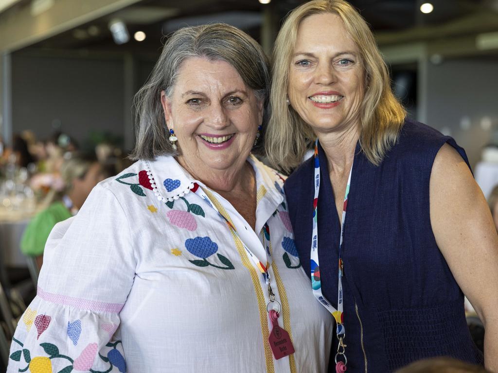 <p>Bernadette Burke and Anna Weir at the Northern Territory Cattlemen's Association Ladies lunch in Darwin Turf Club. Picture: Pema Tamang Pakhrin</p>