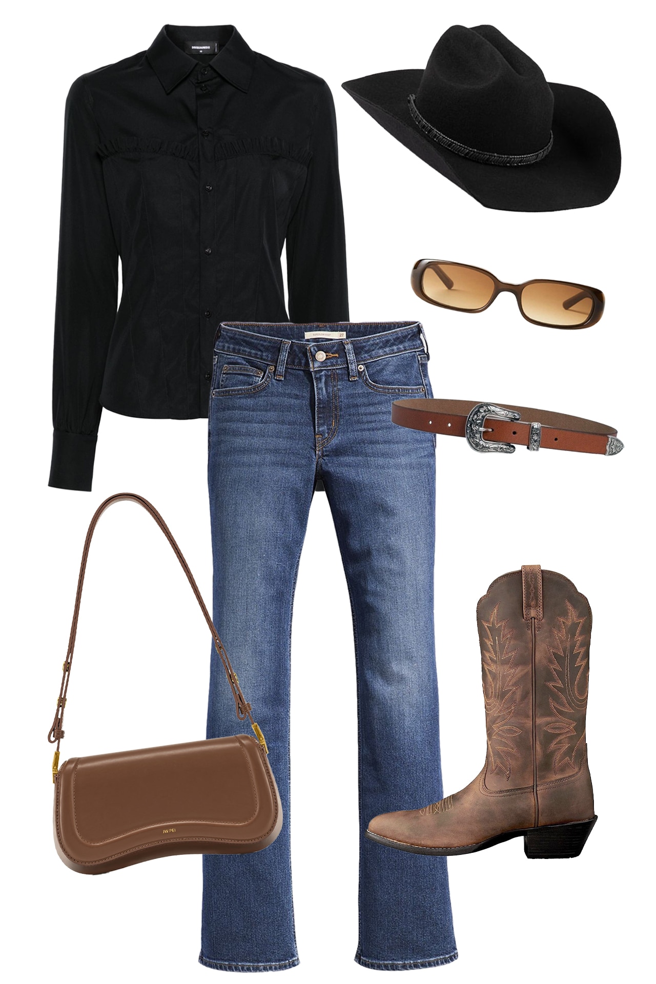 <h3>The casual cowgirl</h3><p>A simpler yet classy everyday Western look, the casual cowgirl has her favourite pair of low cut boot leg jeans on rotation, as well as a Western-inspired blouse, like this corset cotton piece from Dsquared2. The look is rounded out in the Western vibe with cowboy boots, obviously, a Western leather belt and a cowboy hat. Bring a more accessible contemporary edge to this outfit with a pair of more modern sunglasses and a shoulder bag.</p><p><strong>SHOP NOW:&nbsp;</strong>Dsquared2 corest cotton shirt, $750 from <strong><a href="https://www.farfetch.com/au/shopping/women/dsquared2-corset-cotton-shirt-item-22905477.aspx?storeid=12264" target="_blank" rel="nofollow noopener">Farfetch</a></strong></p><p><strong>SHOP NOW:&nbsp;</strong>Women&rsquo;s superlow bootcut jeans, $129.95 from <strong><a href="https://www.levis.com.au/women/clothing/jeans/levis_womens_superlow_bootcut_jeans/A46790015.html#start=3" target="_blank" rel="nofollow noopener">Levi&rsquo;s</a></strong></p><p><strong>SHOP NOW:&nbsp;</strong>The Ridge in black, $159 from <strong><a href="https://lackofcolor.com.au/products/the-ridge-black" target="_blank" rel="nofollow noopener">Lack of Color</a></strong></p><p><strong>SHOP NOW:&nbsp;</strong>Chimi LHR sunglasses in tortoise, $270 from <strong><a href="https://www.theiconic.com.au/lhr-sunglasses-2023462.html" target="_blank" rel="nofollow noopener">The Iconic</a></strong></p><p><strong>SHOP NOW:&nbsp;</strong>Piper Montana Western leather belt in tan, $59.95 from <strong><a href="https://www.myer.com.au/p/piper-montanna-western-leather-belt-in-tan" target="_blank" rel="nofollow noopener">The Iconic</a></strong></p><p><strong>SHOP NOW:&nbsp;</strong>Ariat women&rsquo;s Western R-toe in distressed brown, $245.95 (originally $319.95) from <strong><a href="https://thestabledoor.com.au/products/ariat-womens-western-r-toe-distressed-brown" target="_blank" rel="nofollow noopener">The Stable Door</a></strong></p><p><strong>SHOP NOW:&nbsp;</strong>Joy shoulder bag in brown, $139 from <strong><a href="https://www.jwpei.com.au/products/joy-bag-brown" target="_blank" rel="nofollow noopener">JW Pei</a></strong></p>