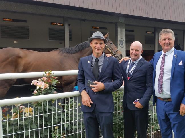 Alice Springs resident and Oceanex part-owner Jamie Aplin (centre) with fellow syndicate members and mates Mathew Miller and Greg Coad Picture: Supplied