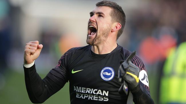 Brighton goalkeeper Mat Ryan celebrates after his side beat Millwall 5-4 on penalties to reach the FA Cup semi-finals. Picture: AFP