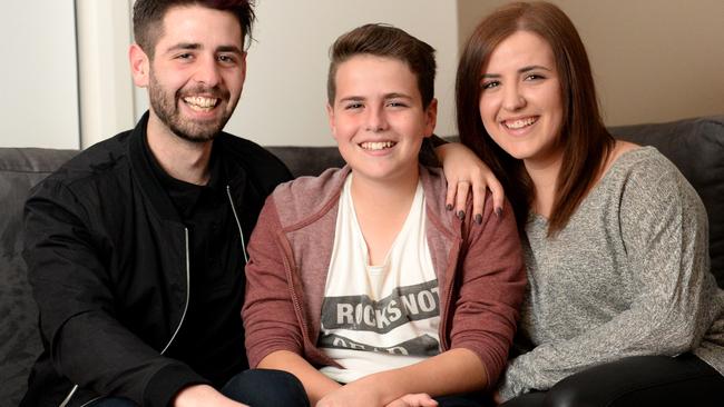 Alex Mastrilli 12 (centre) alerted his two older siblings (Adam 21 and Carina 19) to a fire in their house in the middle of the night. The kids escaped but the house was burnt to the ground. His family has nominated him for a Pride of Australia award. Picture: Kylie Else