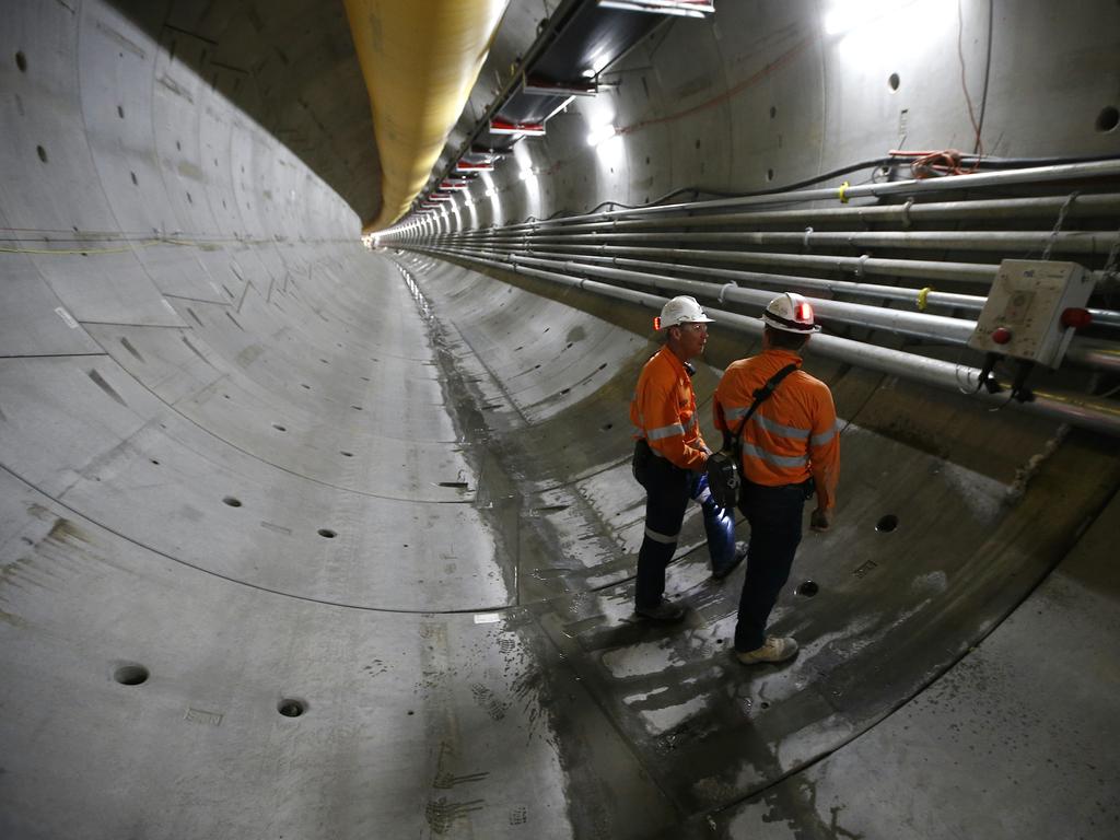 Underground in the North West Rail Link tunnel near Bella Vista. The North West Rail Link is underway and TBM Elizabeth has cut through 1092metres of earth travelling East from Bella Vista. Picture: Bradley Hunter