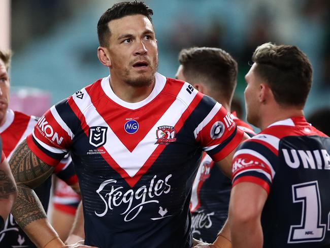 SYDNEY, AUSTRALIA - SEPTEMBER 25:  Sonny Bill Williams of the Roosters looks on after a Rabbitohs try during the round 20 NRL match between the South Sydney Rabbitohs and the Sydney Roosters at ANZ Stadium on September 25, 2020 in Sydney, Australia. (Photo by Cameron Spencer/Getty Images)