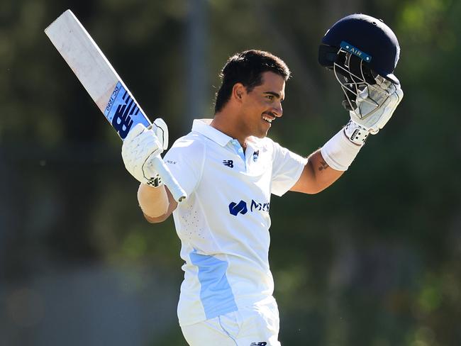 SYDNEY, AUSTRALIA - MARCH 03: Ollie Davies of New South Wales celebrates after reaching a century during the Sheffield Shield match between New South Wales and South Australia at Cricket Central, on March 03, 2024, in Sydney, Australia. (Photo by Mark Evans/Getty Images)