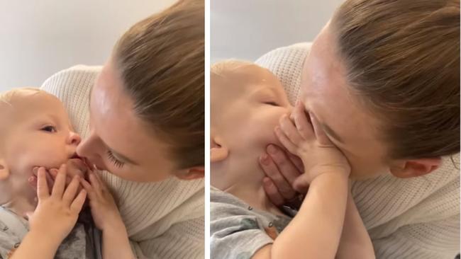 Tiny Hearts Education CEO Nikki Jurcutz blows in her son's mouth to remove a pea in his nose. Source: Instagram.