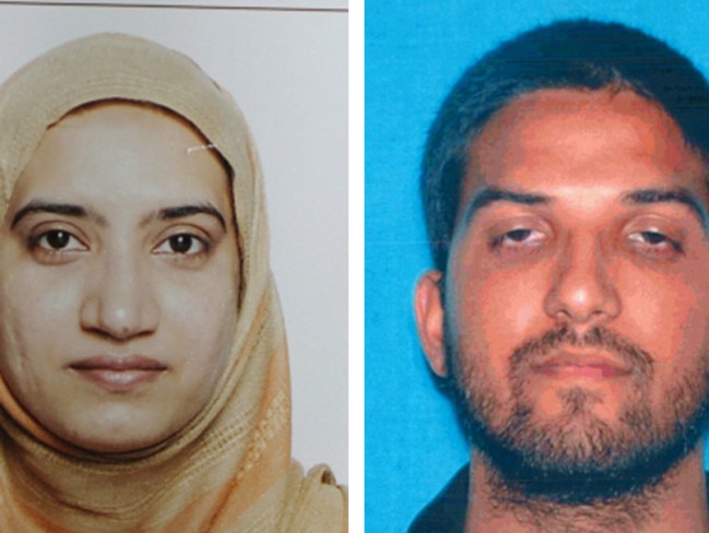 Shooters ... Tashfeen Malik, left, and Syed Farook. The husband and wife died in a gunbattle with authorities several hours after their commando-style assault. Picture: FBI, left, and California Department of Motor Vehicles via AP