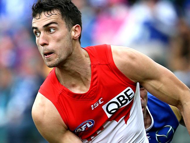 AFL North Melbourne v Sydney at Blundstone Arena. Sydney's Xavier Richards looks to handball. Picture: SAM ROSEWARNE.