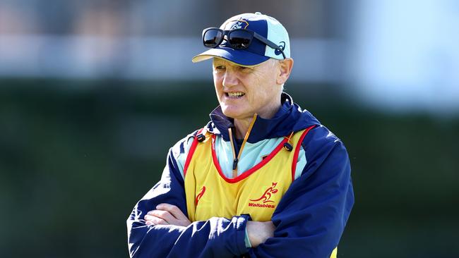 SYDNEY, AUSTRALIA - JULY 18: Wallabies coach, Joe Schmidt looks on during a Wallabies training session at Concord Oval on July 18, 2024 in Sydney, Australia. (Photo by Brendon Thorne/Getty Images)