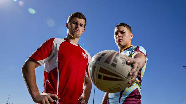 Palm Beach Currumbin captain Toby Sexton and Keebra Park captain Reece Walsh ahead of their school's match. Picture: Jerad Williams