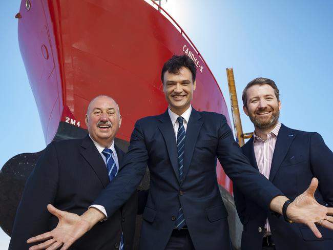 Stephen Young of Ottoway Engineering, Anthony Brdar of Adelaide’s MG Engineering and Sean Costello of Fincantieri, in March. Picture: Jennie Groom