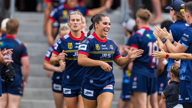 Tara Reinke leads the Western Clydesdales BMD Premiership side out for their clash against the Brisbane Tigers. Picture: Benny Hassum Photography.