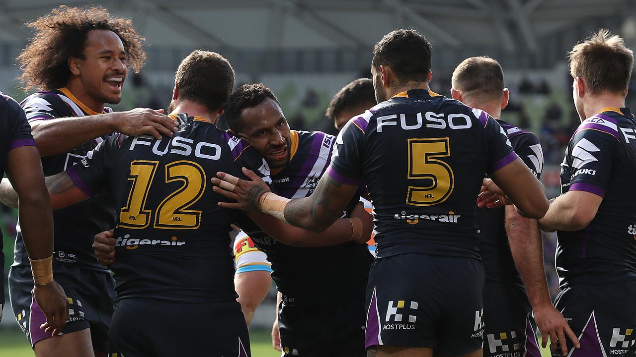 Kenny Bromwich scores a try for the Storm. (Photo by Robert Cianflone/Getty Images)