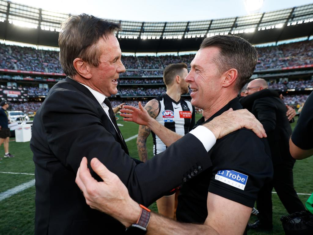 Browne and Craig McRae after last year’s grand final win. Picture: Dylan Burns/AFL Photos