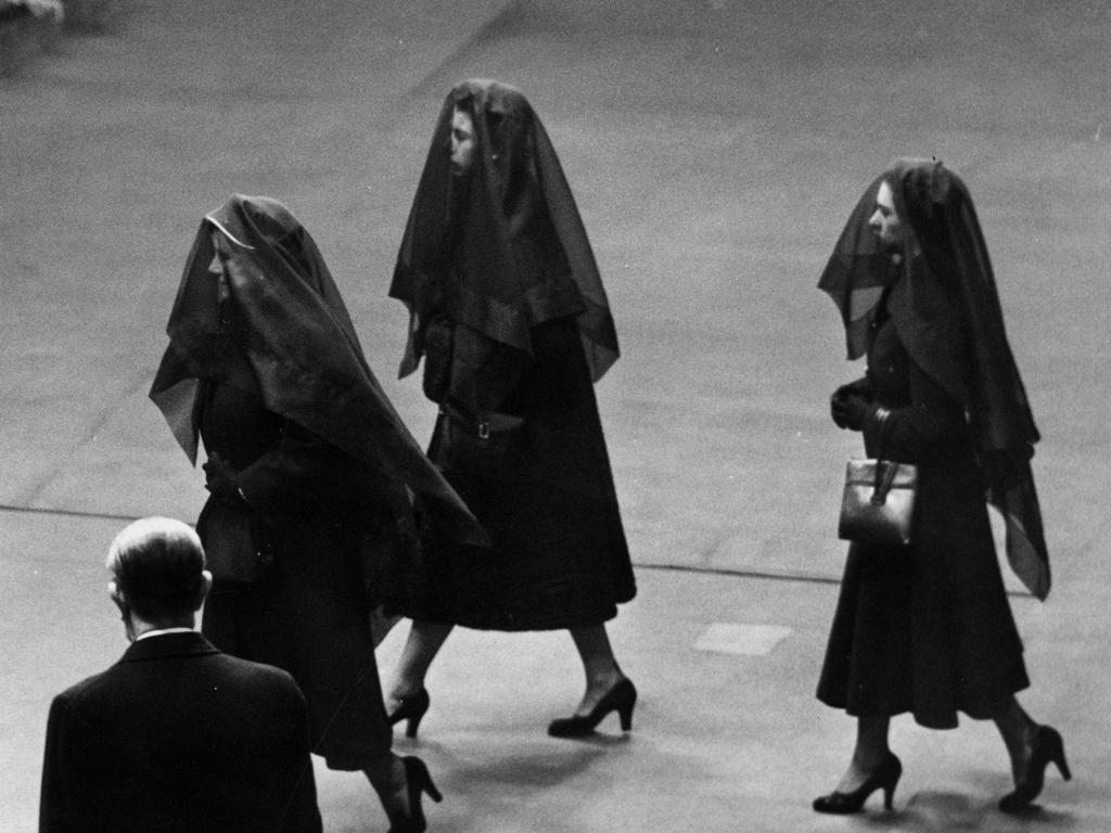 Queen Elizabeth (The Queen Mother) Queen Elizabeth II, and Princess Margaret Rose wearing veils during their journey between Sandringham Castle and Buckingham Palace. Picture: Getty Images