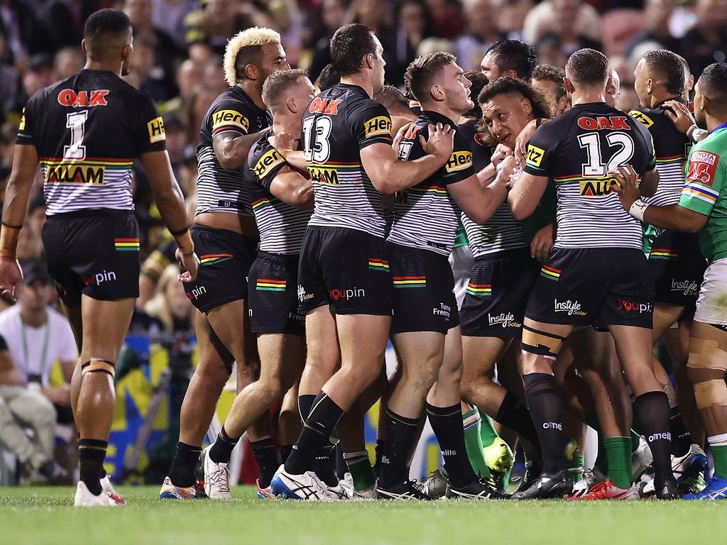 Players scuffle during the round five NRL match between the Penrith Panthers and the Canberra Raiders.