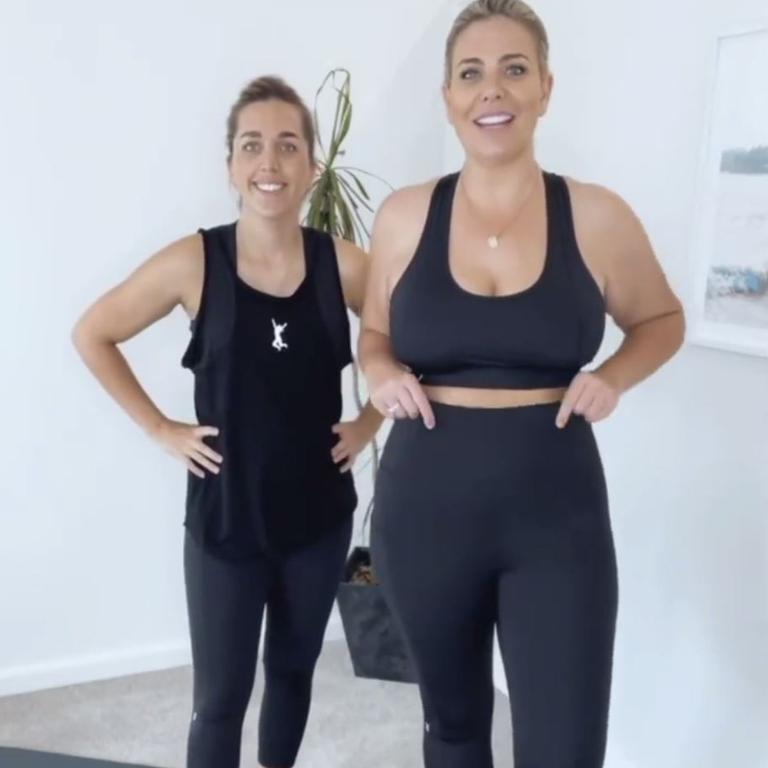 Fiona Falkiner, 38, and fiance Hayley Willis modelling the new Healthy Mummy active wear range that goes up to a size 24.