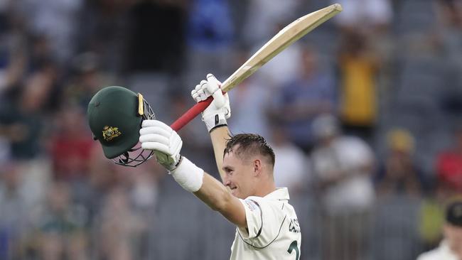 Marnus Labuschagne celebrates bringing up his century against New Zealand. Picture: AP