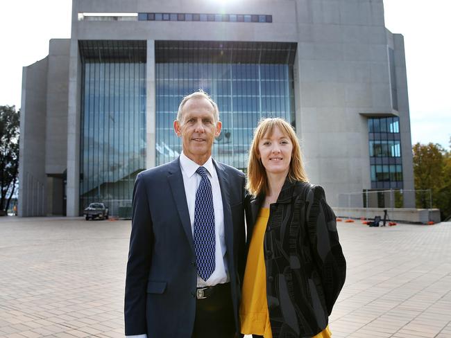 Bob Brown and Jessica Hoyt outside the High Court of Australia in Canberra.