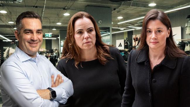 Super Retail Group CEO Anthony Heraghty (L) and former executives and whistleblowers Rebecca Farrell (C) and Amelia Berczelly (R). Digital image.