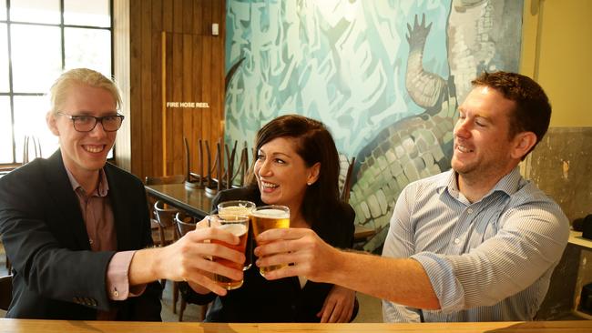 Innovation and Science Minister Leeanne Enoch with PhD Scholar Edward Kerr and Newstead Brewing's Dr Mark Howes. Picture: Mark Calleja