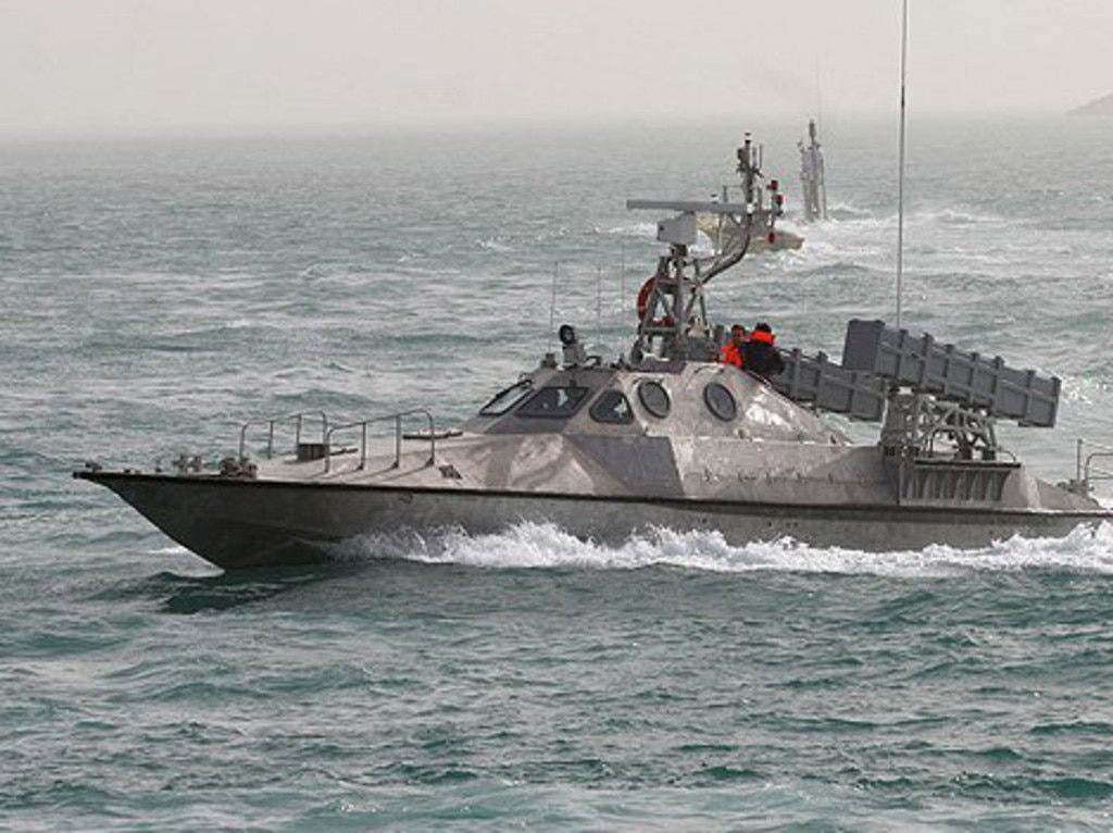 This image, supplied by the Iranian military, puports to show a speedboat equipped with anti-ship missile cannisters.