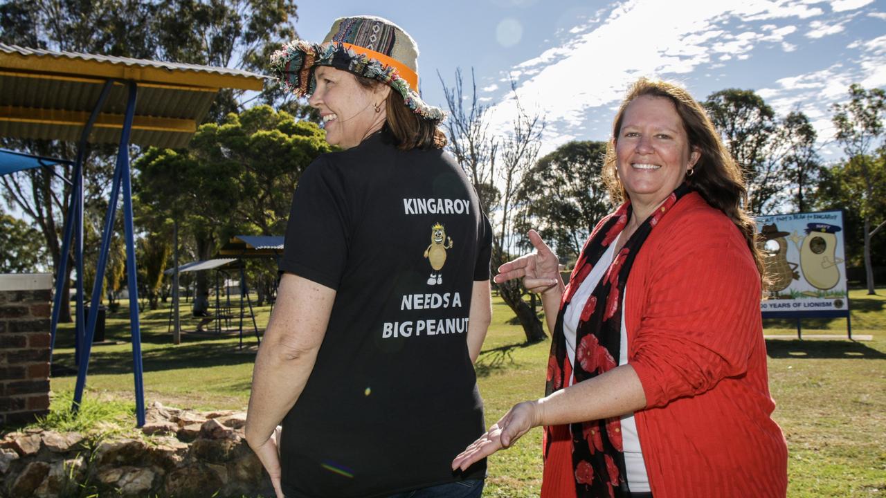 Tina Torrens and South Burnett councillor Danita Potter at the Lions Park, Kingaroy – the location of the new Big Peanut statue. Picture: Dominic Elsome