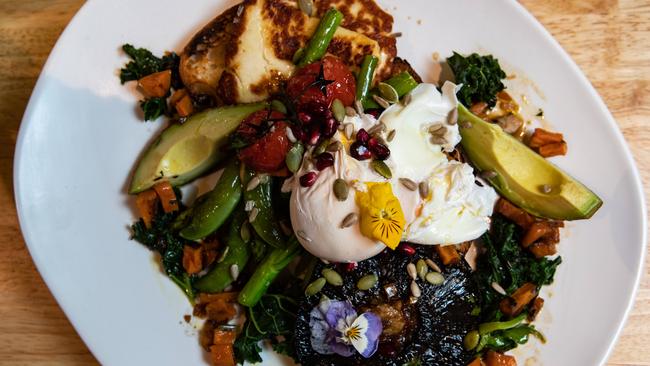 The “Farmer’s Garden Plate” - mushrooms, avocado, halloumi, tomatoes, greens and topped with a poached egg ($20).