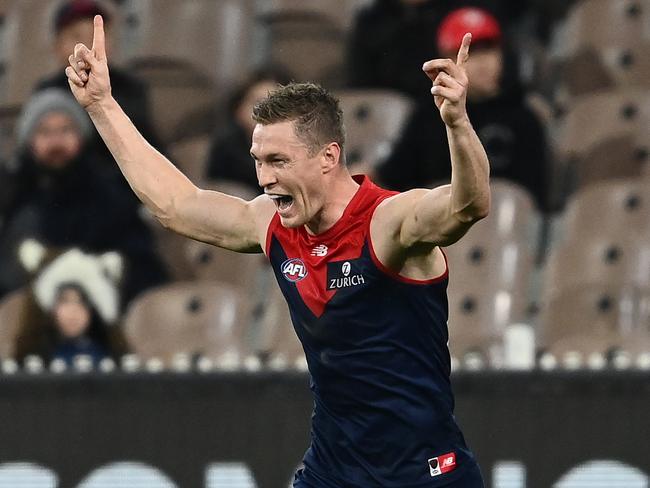 Tom McDonald celebrates a goal against the Swans. Picture: Getty Images