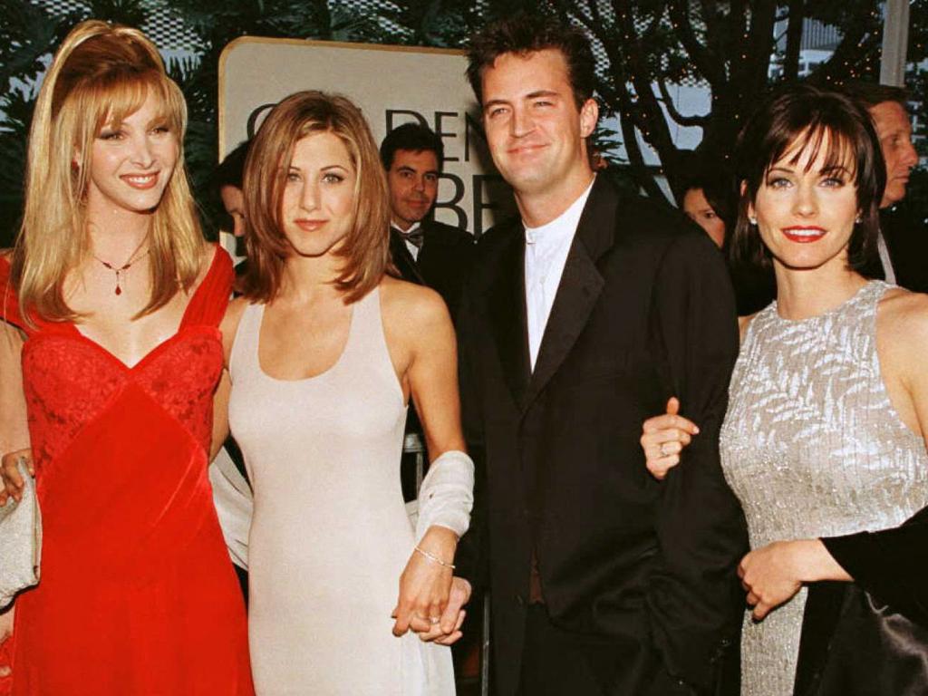 Jennifer Aniston and Matthew Perry with Friends co-stars Lisa Kudrow and Courteney Cox at the height of the sitcom’s success in 1996. Picture: AFP