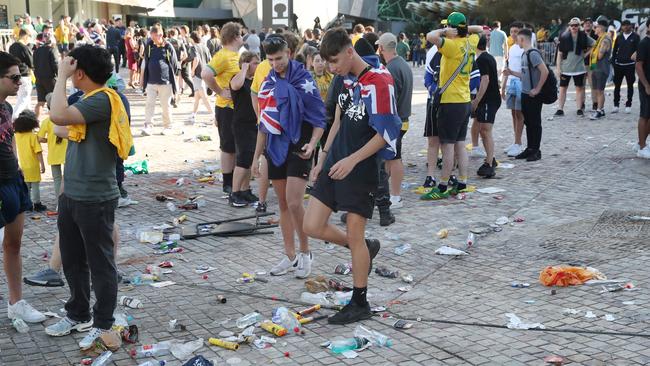 Two people were arrested as celebrations turned ugly in Federation Square on Sunday morning, when Australia bailed out of the World Cup courtesy of Argentina. Picture: NCA NewsWire / David Crosling